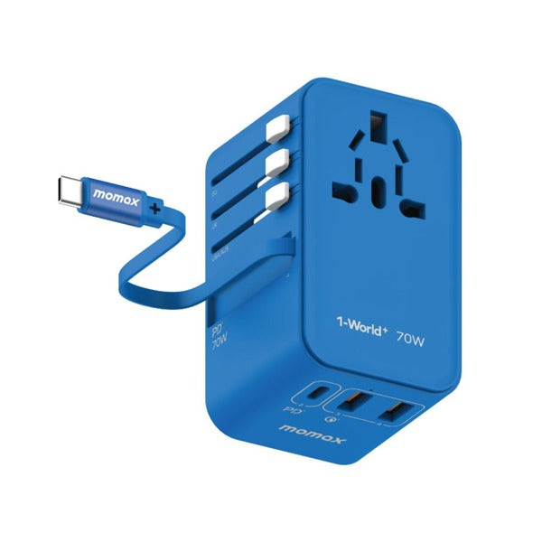 Momax 1-World 70W GaN 3-Port w/Built-in USB-C Cable + AC Travel Adaptor Momax 1-World 70W GaN 3-Port w/Built-in USB-C Cable + AC Travel Adaptor